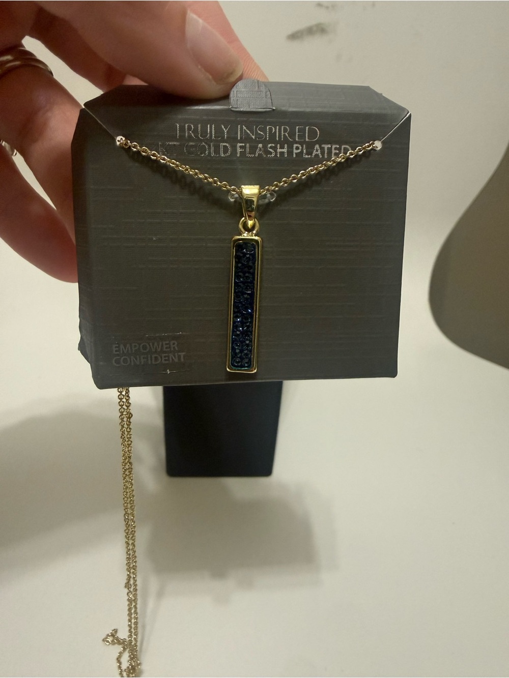 14k Gold-Plated Bar Pendant Necklace with Blue Crystal Inlay